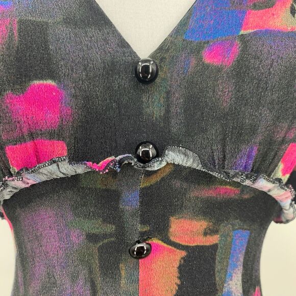 Plenty Tracy Reese Midi Dress XSP Petite Back Zip Round Buttons Puff Sleeve Geo - Picture 4 of 16